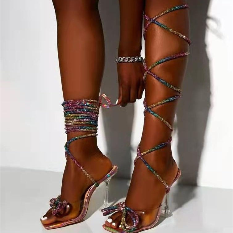2022 Summer Plus Size Rhinestone Bow High Heels
